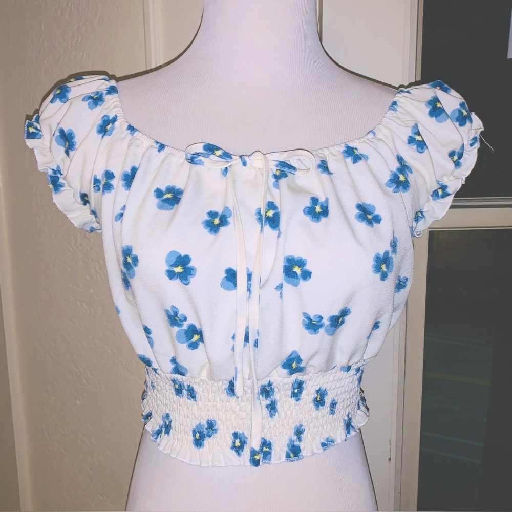 SHEIN White and Blue violet print, Puff Sleeve Blouse M 3/$15